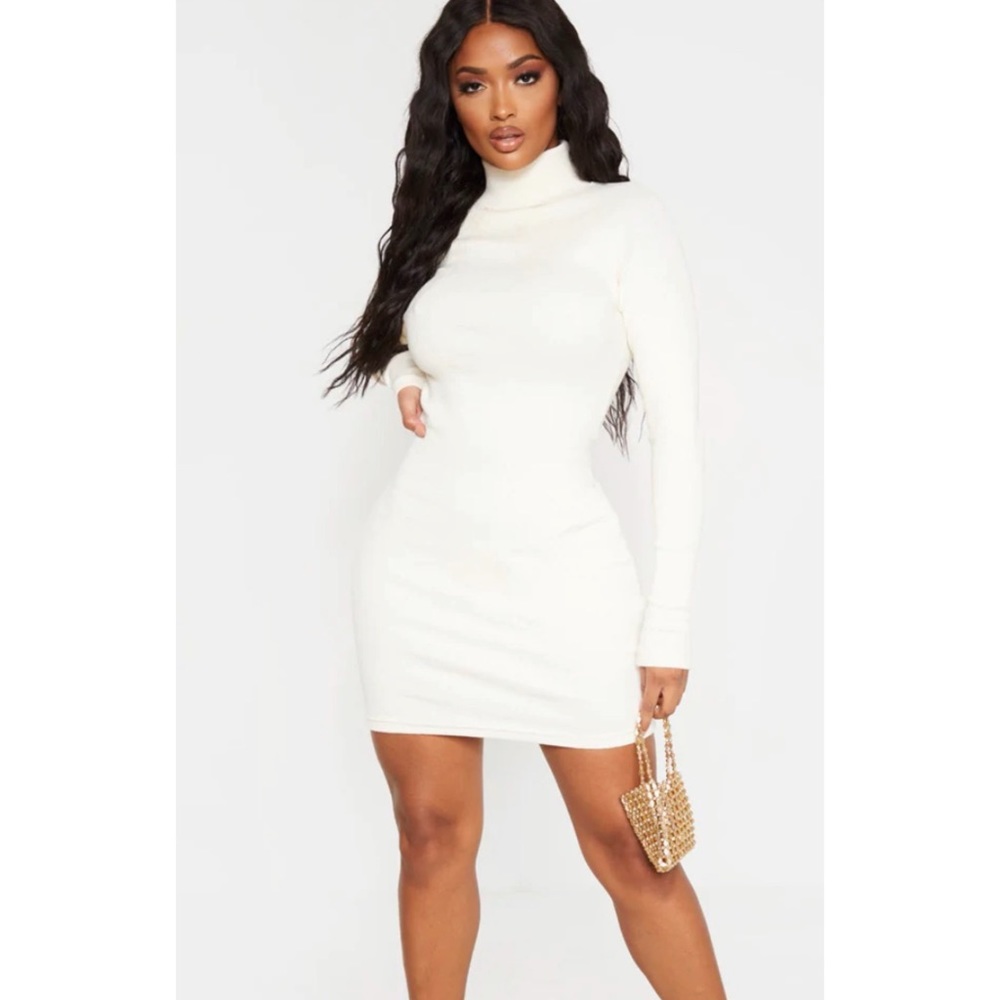 Ivory Rib Roll Neck Bodycon Dress